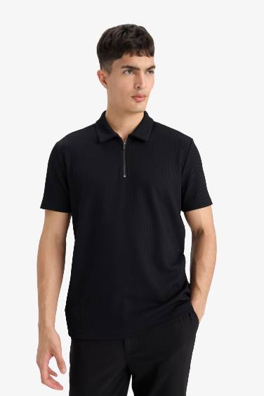 Regular Fit Half Zip Pleated Polo T-Shirt