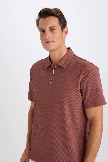 Regular Fit Half Zipper Pleated Polo T-Shirt