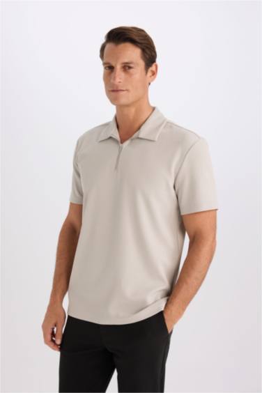 Regular Fit Half Zippered Pleated Polo T-Shirt