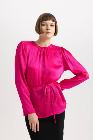 Fitted Round Neck Long Sleeve Chiffon Blouse