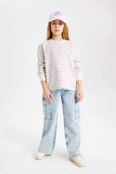 Girl Relax Fit Crew Neck Striped Sweatshirt