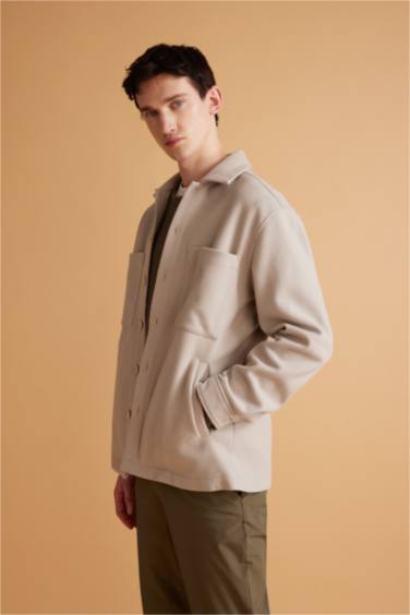 Relax Fit Polo Neck Wool Look Shirt Jacket