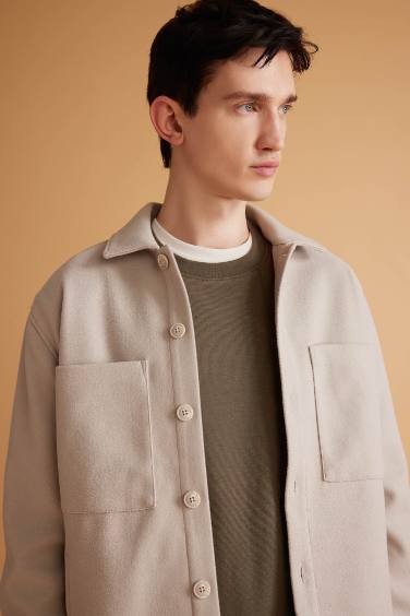 Relax Fit Polo Neck Wool Look Shirt Jacket