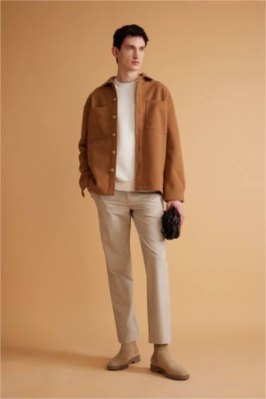 Relax Fit Polo Yaka Yün Görünümlü Gömlek Ceket