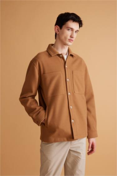 Relax Fit Polo Yaka Yün Görünümlü Gömlek Ceket