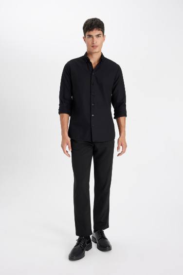 Modern Fit Polo Neck Textured Long Sleeve Shirt