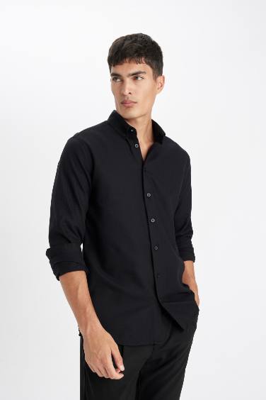 Modern Fit Polo Neck Textured Long Sleeve Shirt