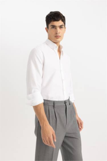 Modern Fit Polo Neck Textured Long Sleeve Shirt