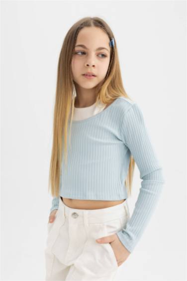 تيشيرت بناتي ردن طويل مضلع سليم فيت وياخة مستديرة