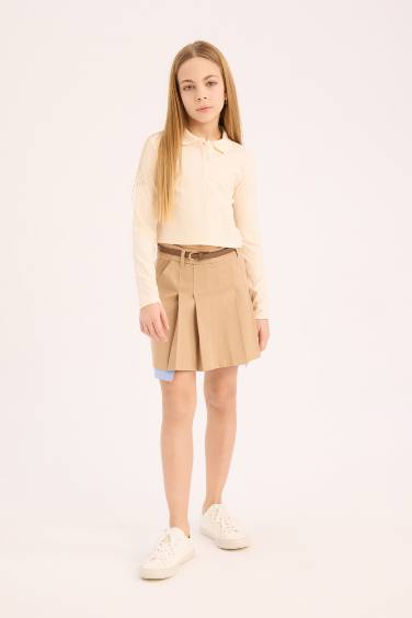 Girl Slim Fit Ribbed Long Sleeve Polo T-Shirt