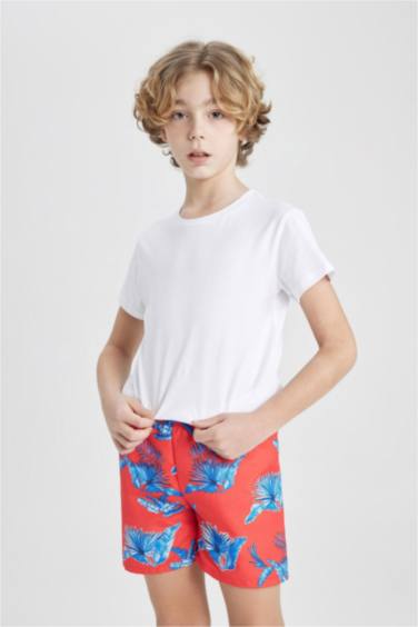 شورت بحر اولادي أحمر قصة عادية منقوش