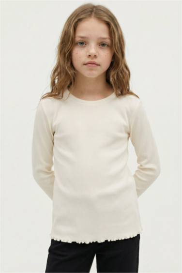 Slim Fit Dar Kesim Bisiklet Yaka Ribana Uzun Kollu Basic Düz Okul Tişörtü Kız Çocuk