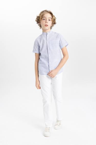 Boy Regular Fit Stand Collar Linen Look Shirt