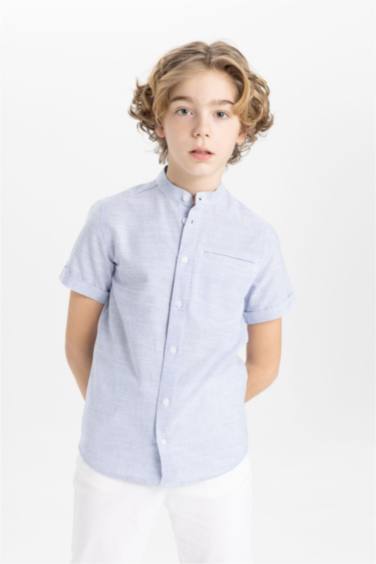 Boy Regular Fit Stand Collar Linen Look Shirt