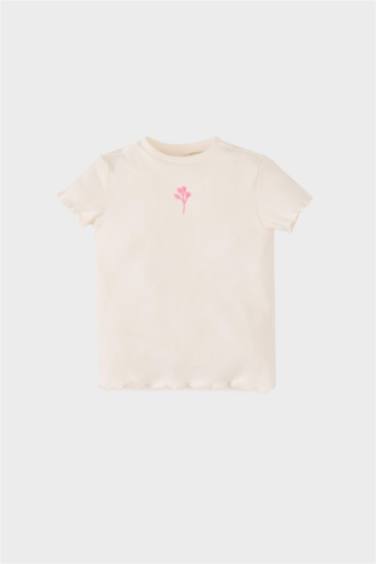 تيشيرت نص كم مضلع بطبعة زهور قصة عادية برقبة مستديرة