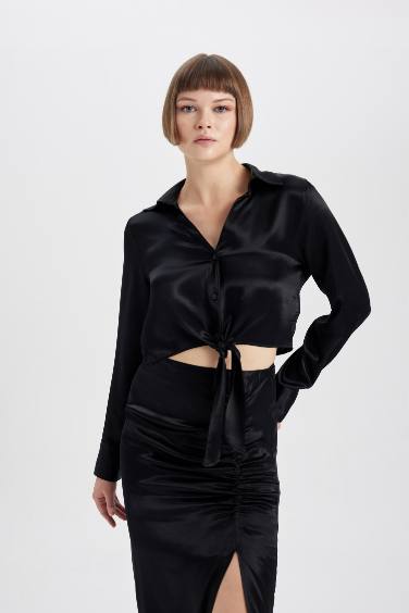 Satin Long Sleeve Crop Shirt