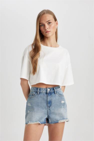 Джинсовые бермуды с высокой талией