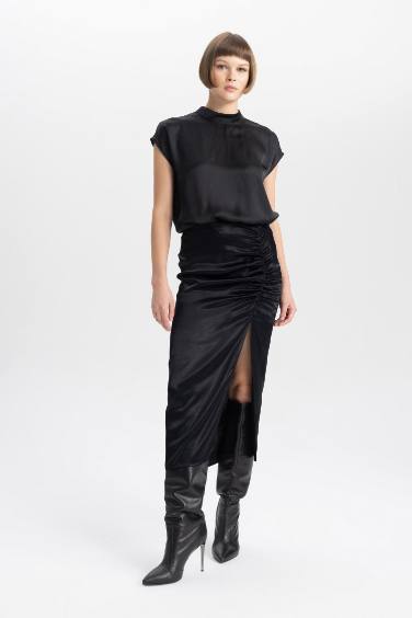 A Cut Satin Normal Waist Midi Skirt