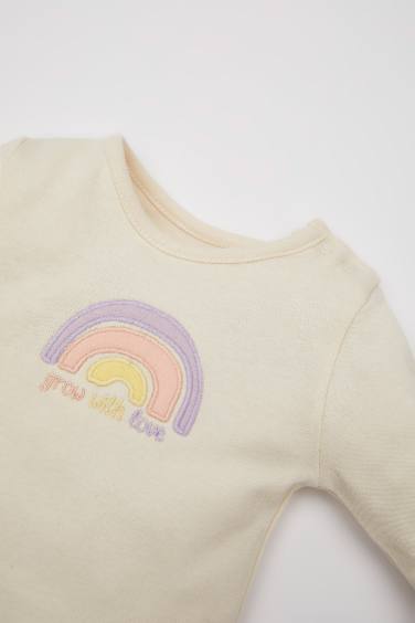 Baby Girl Newborn Crew Neck Rainbow Printed Heavy Fabric Snap Body