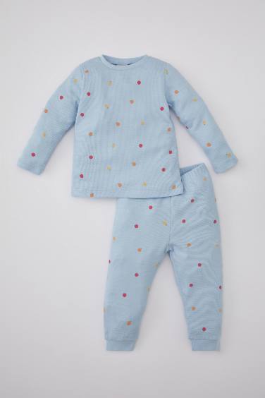 Kız Bebek Pijama Takım Meyve Desenli Uzun Kollu Waffle Üst Beli Lastikli Uzun Alt