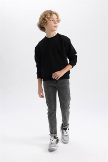 Erkek Çocuk Bisiklet Yaka Basic Düz Sweatshirt