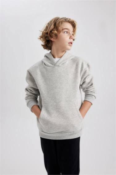 Basic Düz Kapüşonlu Sweatshirt Erkek Çocuk