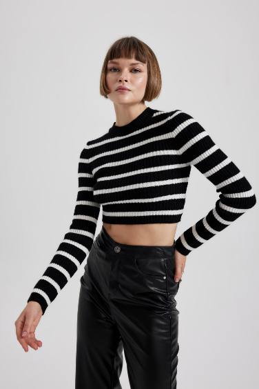 Fitted Striped Crew Neck Backless Knit Pullover