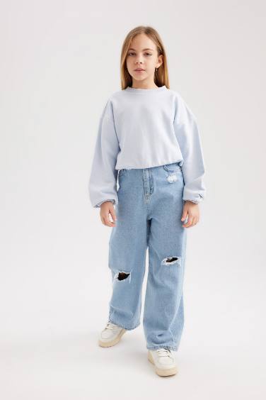 Bisiklet Yaka Basic Düz Sweatshirt Kız Çocuk