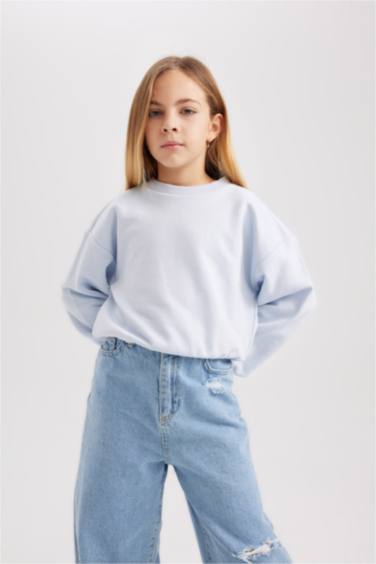 Bisiklet Yaka Basic Düz Sweatshirt Kız Çocuk