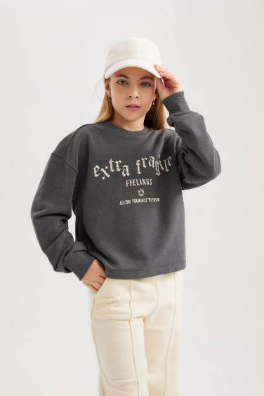 Girl Printed Crew Neck Crop Sweatshirt