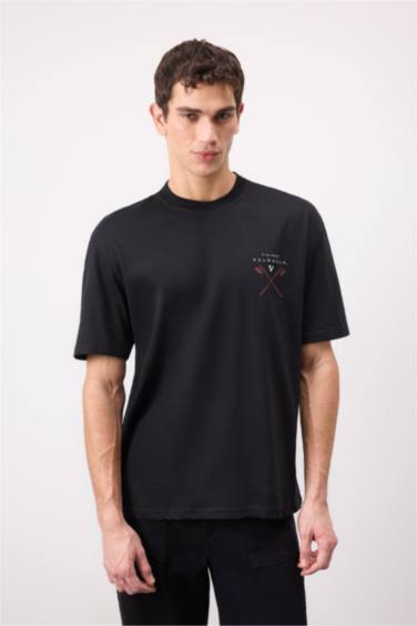 T-shirt en coton imprimé Vikings Valhalla à col rond et coupe boxy