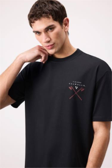 T-shirt en coton imprimé Vikings Valhalla à col rond et coupe boxy