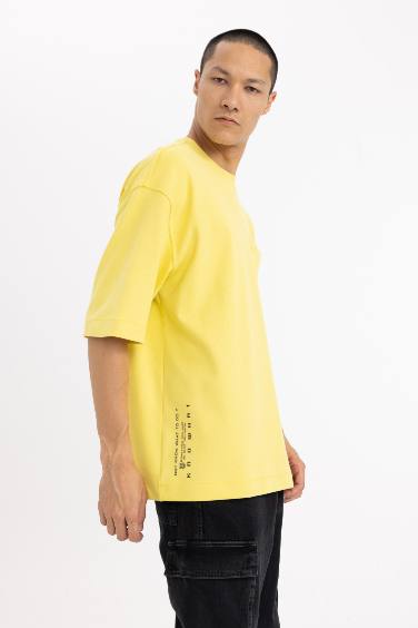Loose Fit Crew Neck Pocket Printed Heavy Fabric T-Shirt