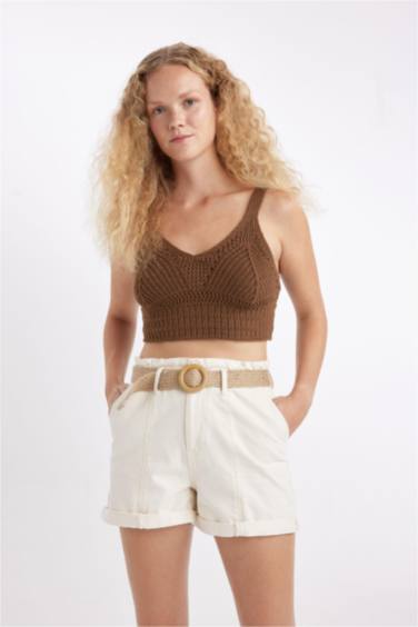 Paperbag High Waist Fold-Ankle Denim Shorts