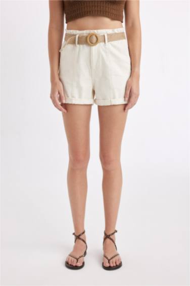 Paperbag High Waist Fold-Ankle Denim Shorts