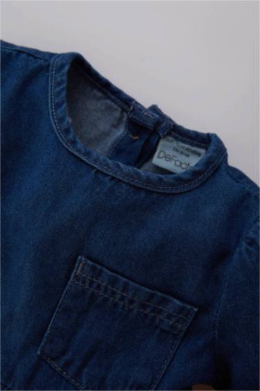 فستان جينز بناتي قصة عادية كم طويل برقبة كبيرة