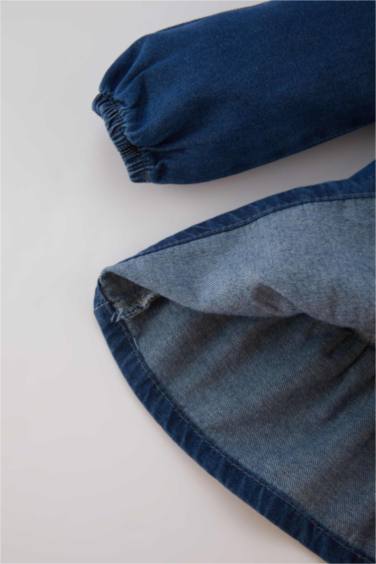 فستان جينز بناتي قصة عادية كم طويل برقبة كبيرة