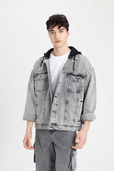 Oversize Fit Geniş Kalıp Kapüşonlu Düğmeli Cepli Jean Ceket