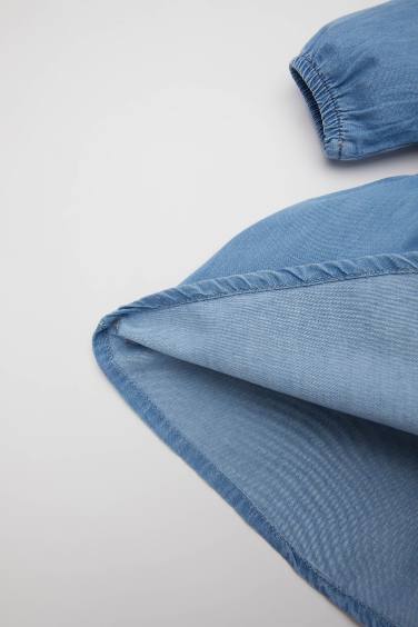 فستان جينز بيبي بناتي قصة عادية كم طويل برقبة دانتيل