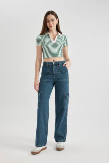 بنطلون جينز كارجو وايد ليج برجل واسع وخصر عالي