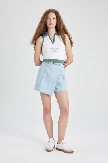Джинсовая юбка-шорты с высокой талией