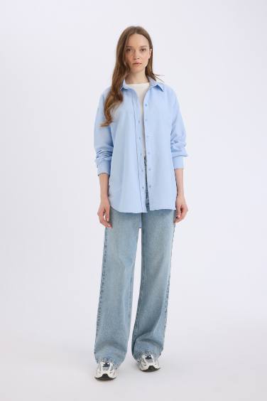 Relax Fit Basic Düz Oxford Uzun Kollu Tesettür Gömlek Tunik