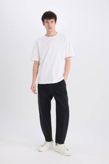 %100 Pamuk Relaxed Slouchy Fit Rahat Beli Lastikli Rahat Kesim Dar Paça Siyah Jean Pantolon