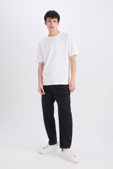 %100 Pamuk Relaxed Slouchy Fit Rahat Beli Lastikli Rahat Kesim Dar Paça Siyah Jean Pantolon
