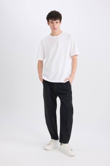 %100 Pamuk Relaxed Slouchy Fit Rahat Beli Lastikli Rahat Kesim Dar Paça Siyah Jean Pantolon