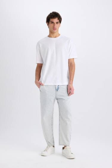 %100 Pamuk Relaxed Slouchy Fit Rahat Beli Lastikli Rahat Kesim Dar Paça Siyah Jean Pantolon