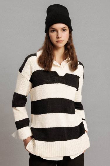 Regular Fit Polo Collar Striped Knitted Pullover Tunic