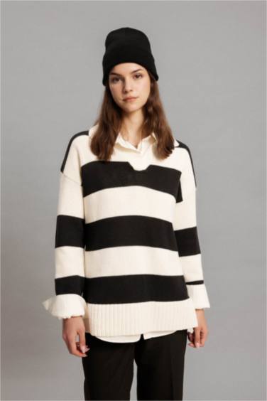 Regular Fit Polo Collar Striped Knitted Pullover Tunic