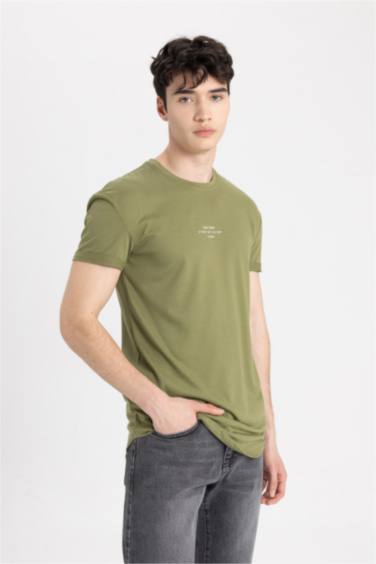 Long Muscle Fit Crew Neck Printed Short Sleeve T-Shirt