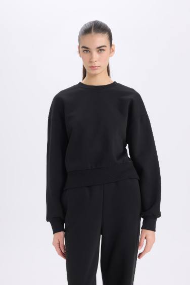 Siyah Boxy Fit Bisiklet Yaka Kalın Basic Düz Sweatshirt